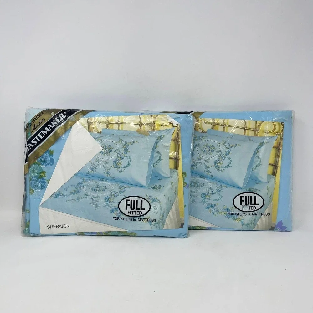 Tastemaker Full Fitted Bed Sheets Sheraton Blue Floral No Iron Muslin Set of Two